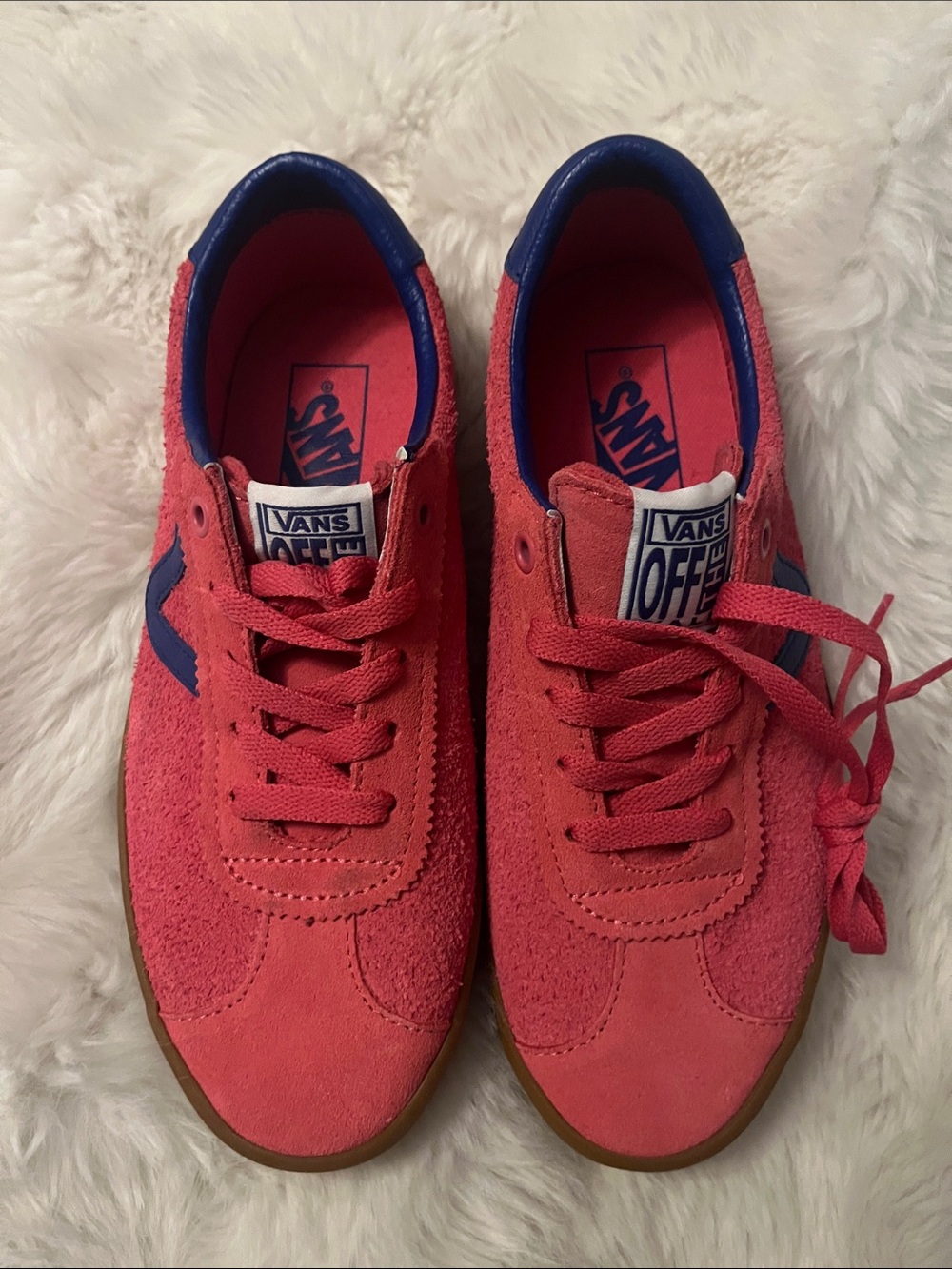 Vans Woman’s Coral Pink Suede Lace-Up Sneakers with Blue Accents